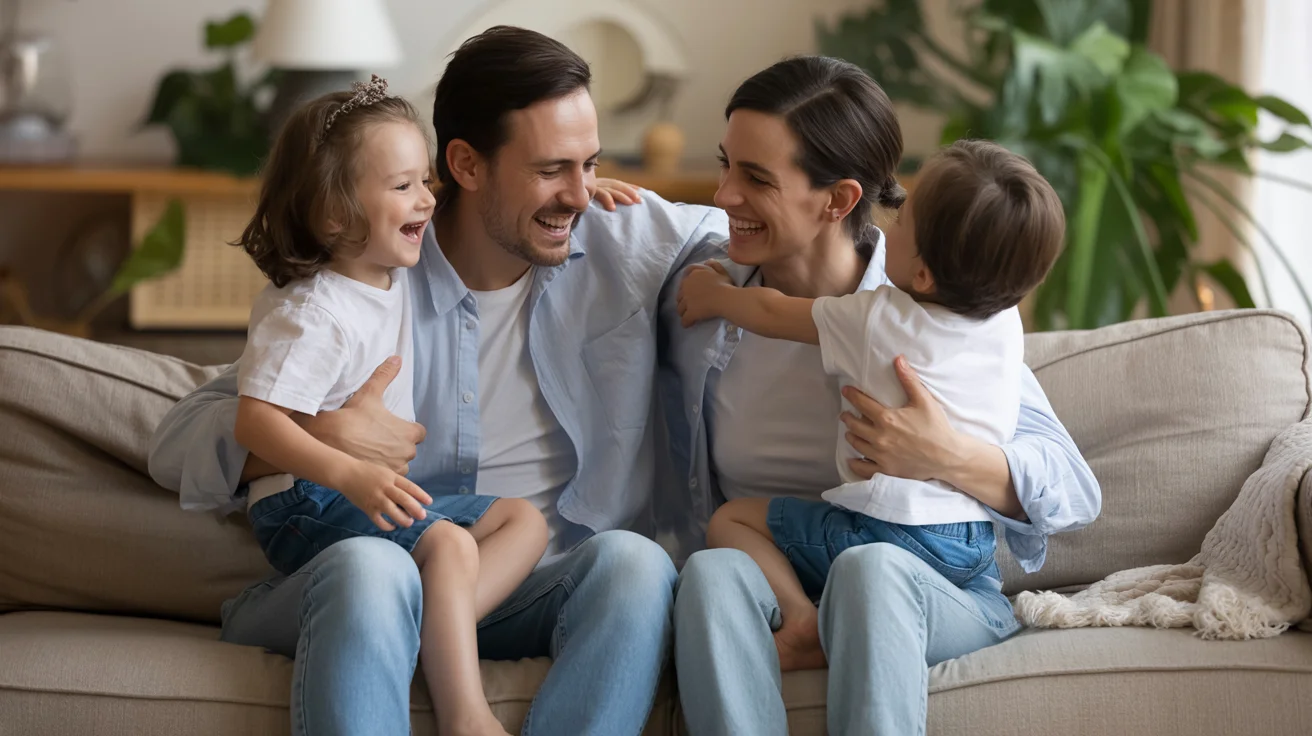 Happy family together on a couch