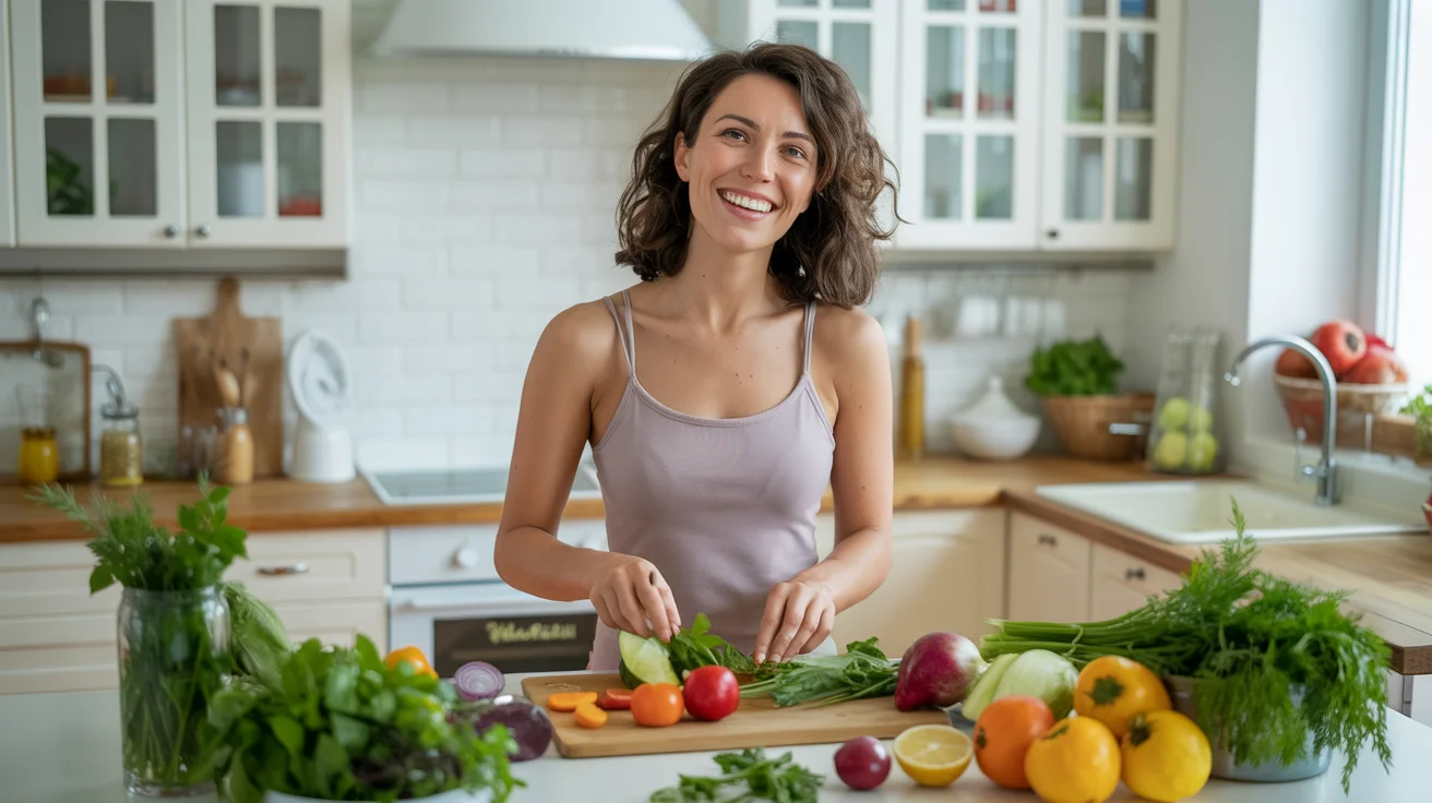 Cheerful woman preparing healthy food in kitchen